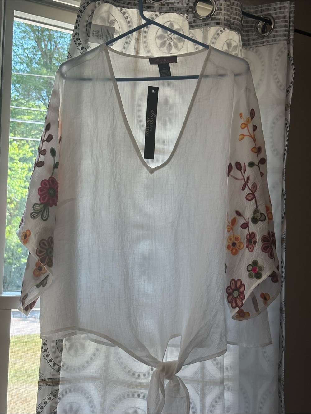 Boho White Tie-Front Blouse with Floral Embroidered Sleeves NWT